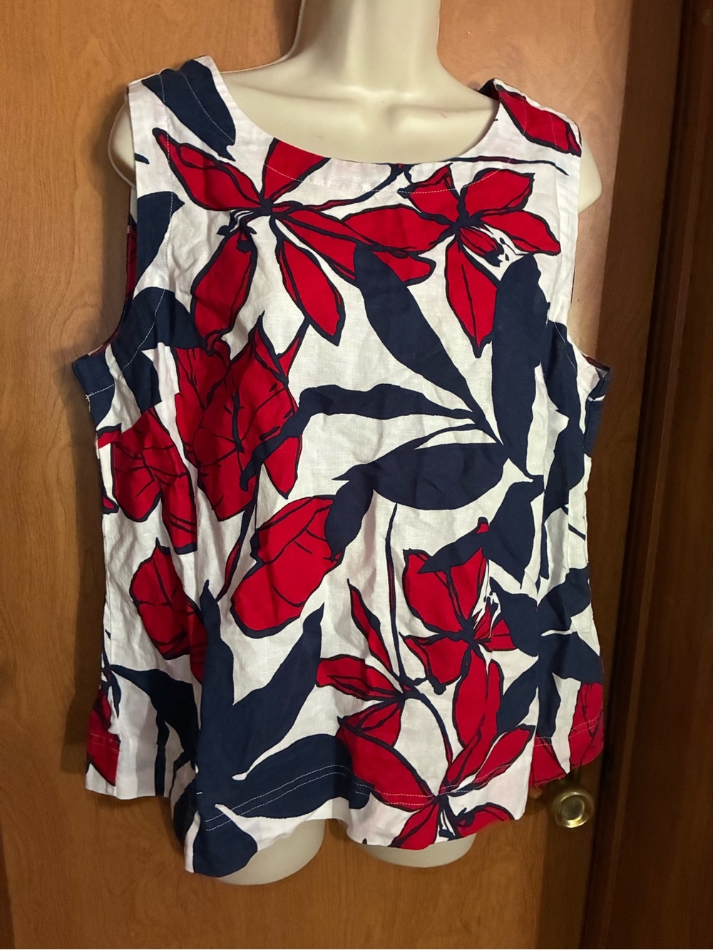 Sleeveless White Floral Tank with Red and Navy Print 4th of July
